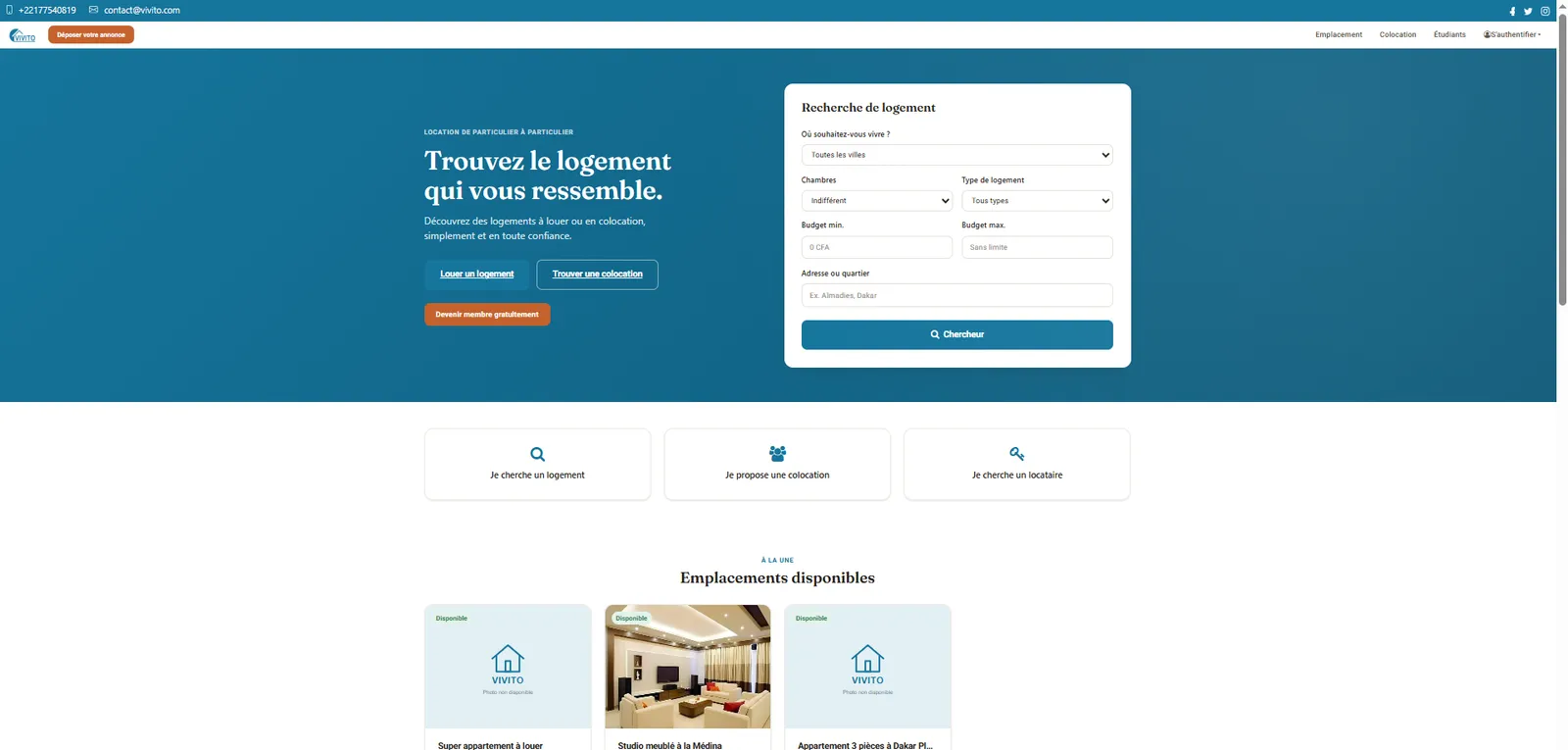 Page d'accueil de VIVITO : recherche de logement par ville, chambres, type et budget, et annonces disponibles